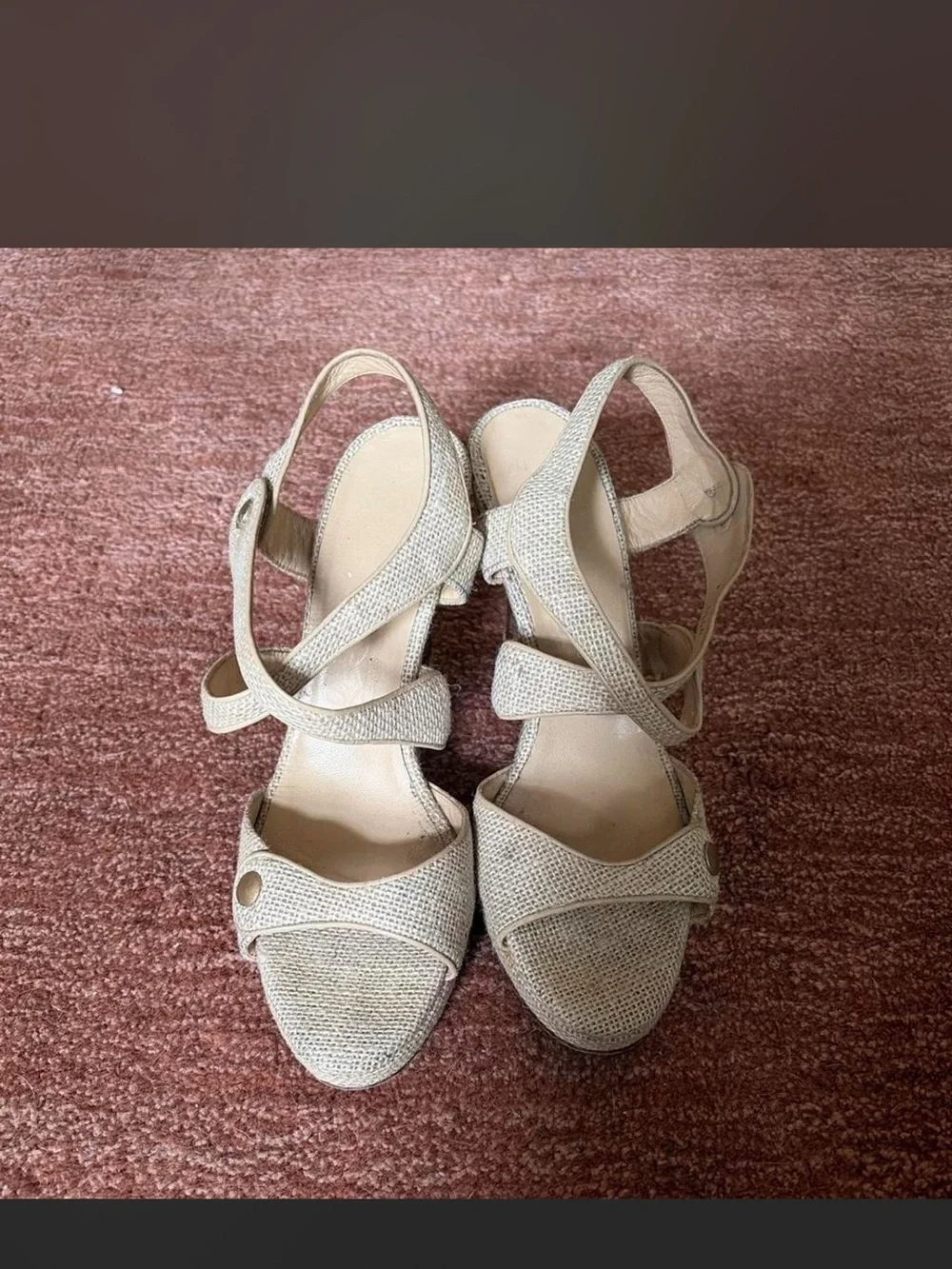 Vintage Ferragamo Woven Beige Women's Strappy Wedge Sandals